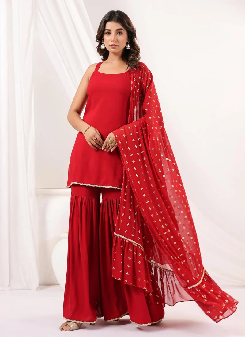 ZERESOUQ Red Rayon Straight Solid 3-Piece Sharara Set